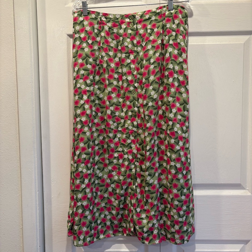 Vintage Sag Harbor Green And Pink Midi/Ankle Length Button Up Skirt - Size Large